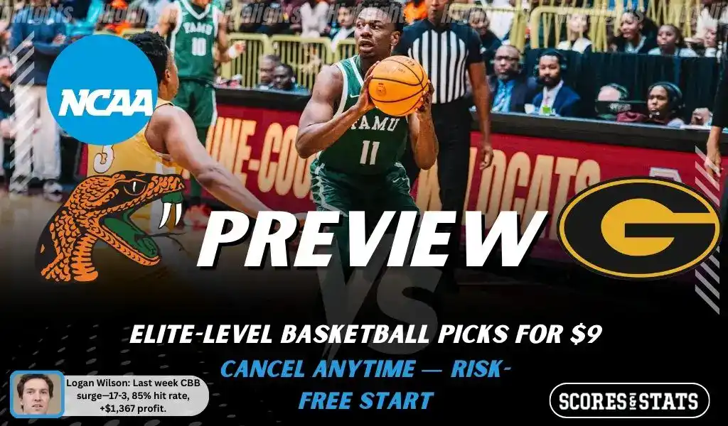 NCAAB picks and predictions preview graphic for Florida A&M Rattlers vs Grambling State Tigers featuring both team logos, a matchup-themed background image, and the ScoresandStats logo.