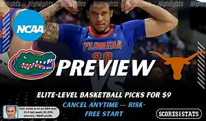 NCAAB preview graphic for Florida Gators vs Texas Longhorns with both team logos, a matchup-themed background image, and the ScoresandStats logo.