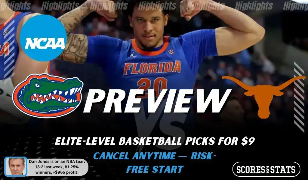 NCAAB preview graphic for Florida Gators vs Texas Longhorns with both team logos, a matchup-themed background image, and the ScoresandStats logo.
