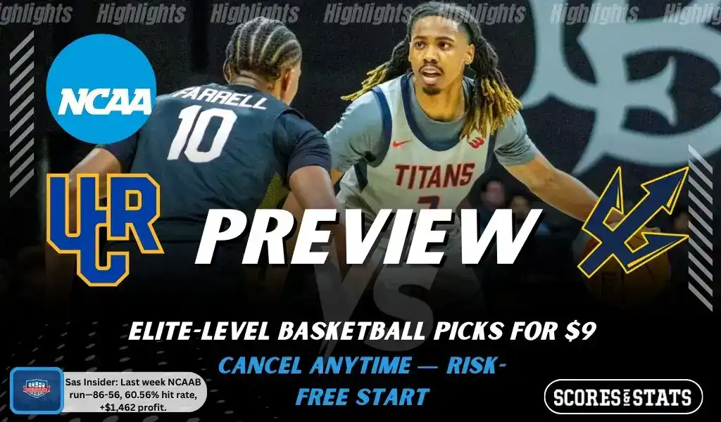 Cal State Fullerton Titans vs. UC Irvine Anteaters game preview graphic featuring both team logos, a “Preview” stats logo, and a Cal State Fullerton Titans college basketball action photo in the background.