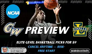 NCAAB preview graphic for George Washington Revolutionaries vs La Salle Explorers with both team logos, a matchup-themed background image, and the ScoresandStats logo.