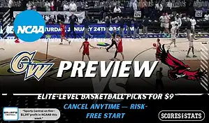 George Washington Revolutionaries vs Saint Joseph's Hawks preview graphic with both team logos, “Picks and Predictions” label, and George Washington basketball action background (February 4, 2026).