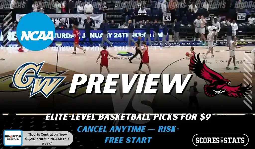 George Washington Revolutionaries vs Saint Joseph's Hawks preview graphic with both team logos, “Picks and Predictions” label, and George Washington basketball action background (February 4, 2026).