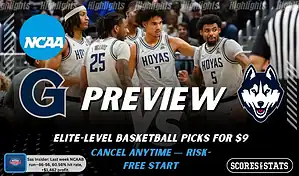 Georgetown Hoyas vs Connecticut Huskies game preview image with both team logos, ScoresAndStats “Preview” branding, and Georgetown basketball action background.