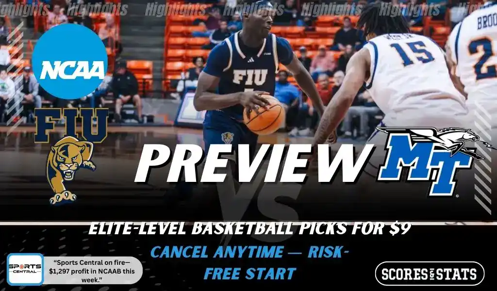 Florida International Golden Panthers vs Middle Tennessee Blue Raiders picks and predictions preview graphic for February 4, 2026, featuring both team logos, a “Preview” stats label, and Florida International Golden Panthers basketball action in the background.