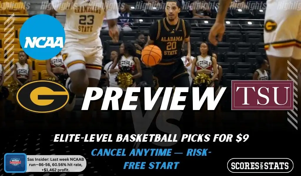 NCAAB preview graphic for Grambling State Tigers vs Texas Southern Tigers with both team logos, a matchup-themed background image, and the ScoresandStats logo.