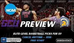 NCAAB preview graphic for Grand Canyon Antelopes vs San Jose State Spartans with both team logos, a matchup-themed background image, and the ScoresandStats logo.