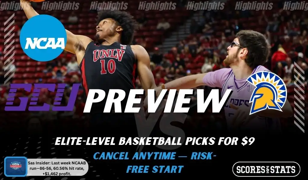 NCAAB preview graphic for Grand Canyon Antelopes vs San Jose State Spartans with both team logos, a matchup-themed background image, and the ScoresandStats logo.