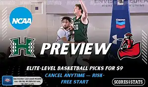 Hawaii Rainbow Warriors vs CSUN Matadors game preview image with both team logos, ScoresAndStats “Preview” branding, and Hawaii basketball action background.