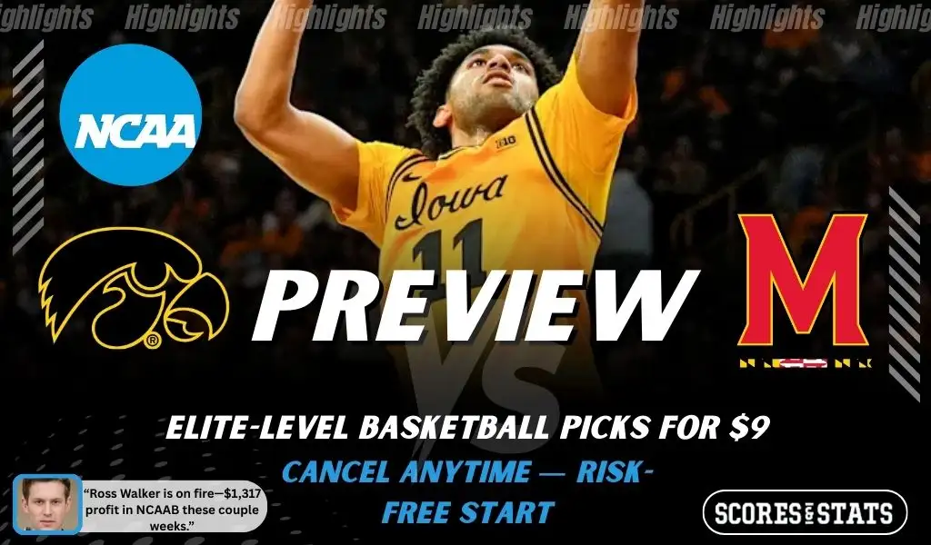 Iowa Hawkeyes vs. Maryland Terrapins game preview graphic featuring both team logos, an Iowa basketball action background, and a ScoresAndStats “Preview” stats badge (February 11, 2026).