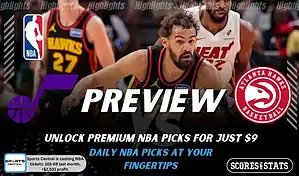 Atlanta Hawks vs Utah Jazz picks and predictions preview graphic for February 5, 2026, featuring both team logos, a “Preview” stats label, and Atlanta Hawks game action in the background.