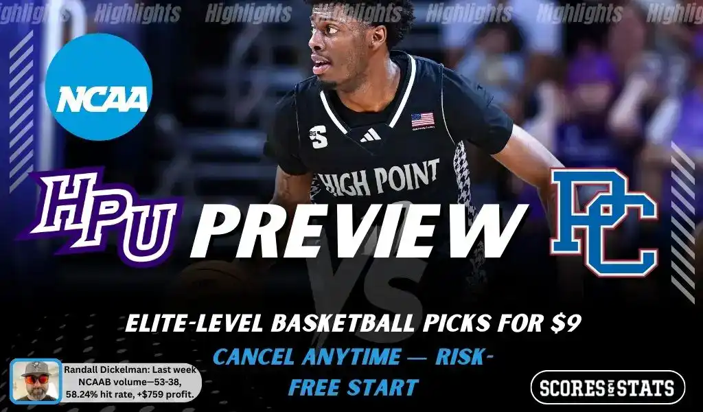 NCAAB preview graphic for High Point Panthers vs Presbyterian Blue Hose with both team logos, a matchup-themed background image, and the ScoresandStats logo.