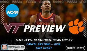 Virginia Tech Hokies vs. Clemson Tigers game preview graphic featuring both team logos, a Virginia Tech basketball action background, and a ScoresAndStats “Preview” stats badge (February 11, 2026).