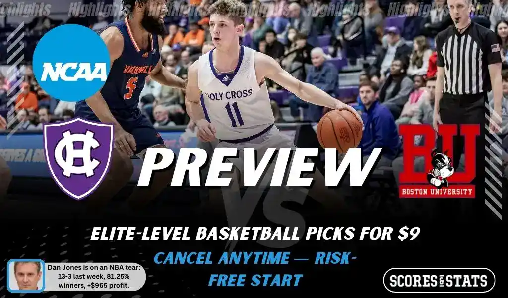 NCAAB preview graphic for Holy Cross Crusaders vs Boston Terriers with both team logos, a matchup-themed background image, and the ScoresandStats logo.