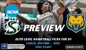 Sacramento State Hornets vs. Northern Colorado Bears game preview graphic featuring both team logos, a Sacramento State basketball action background, and a ScoresAndStats “Preview” stats badge (February 12, 2026).