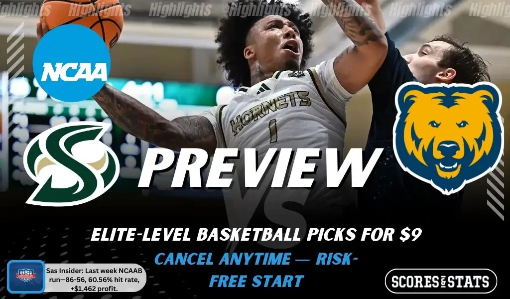 Sacramento State Hornets vs. Northern Colorado Bears game preview graphic featuring both team logos, a Sacramento State basketball action background, and a ScoresAndStats “Preview” stats badge (February 12, 2026).