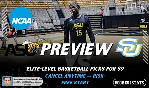 Alabama State Hornets vs. Southern Jaguars game preview graphic featuring both team logos, an Alabama State basketball action background, and a ScoresAndStats “Preview” stats badge (February 9, 2026).