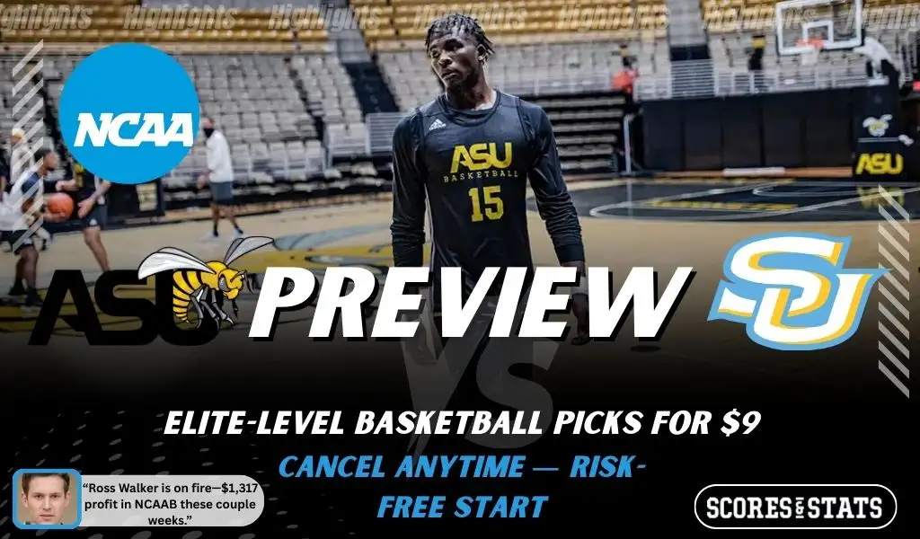 Alabama State Hornets vs. Southern Jaguars game preview graphic featuring both team logos, an Alabama State basketball action background, and a ScoresAndStats “Preview” stats badge (February 9, 2026).