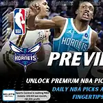 Charlotte Hornets vs Houston Rockets picks and predictions preview graphic for February 5, 2026, featuring both team logos, a “Preview” stats label, and Charlotte Hornets game action in the background.