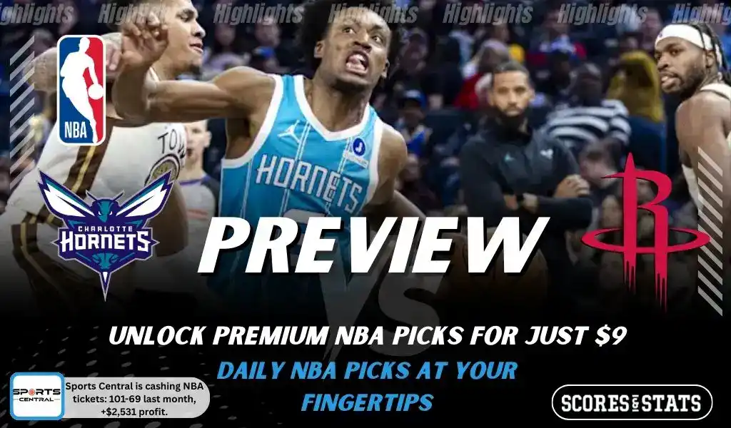 Charlotte Hornets vs Houston Rockets picks and predictions preview graphic for February 5, 2026, featuring both team logos, a “Preview” stats label, and Charlotte Hornets game action in the background.