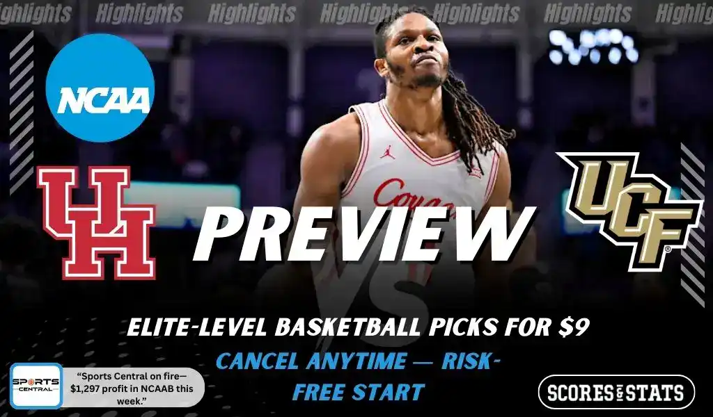 Houston Cougars vs UCF Knights preview graphic with both team logos, “Picks and Predictions” label, and Houston Cougars basketball action background (February 4, 2026).