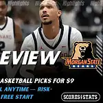 NCAAB picks and predictions preview graphic for Howard Bison vs Morgan State Bears featuring both team logos, a matchup-themed background image, and the ScoresandStats logo.