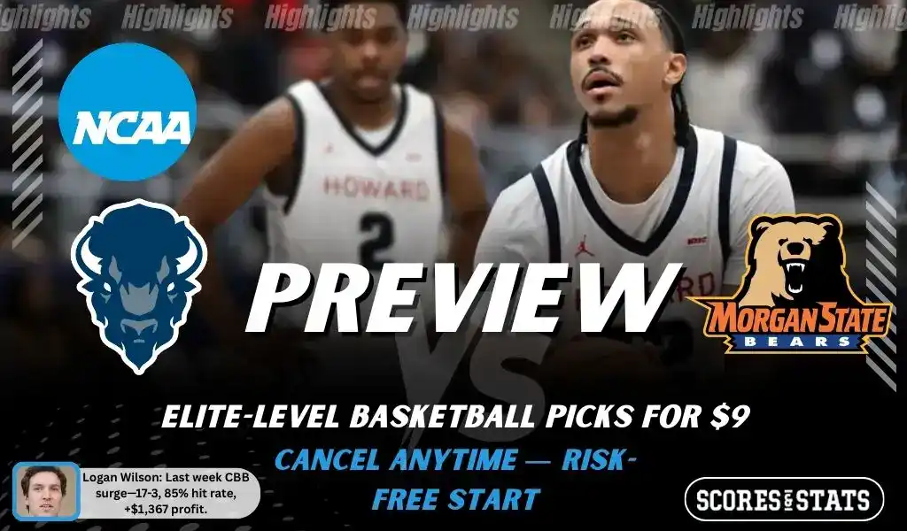NCAAB picks and predictions preview graphic for Howard Bison vs Morgan State Bears featuring both team logos, a matchup-themed background image, and the ScoresandStats logo.