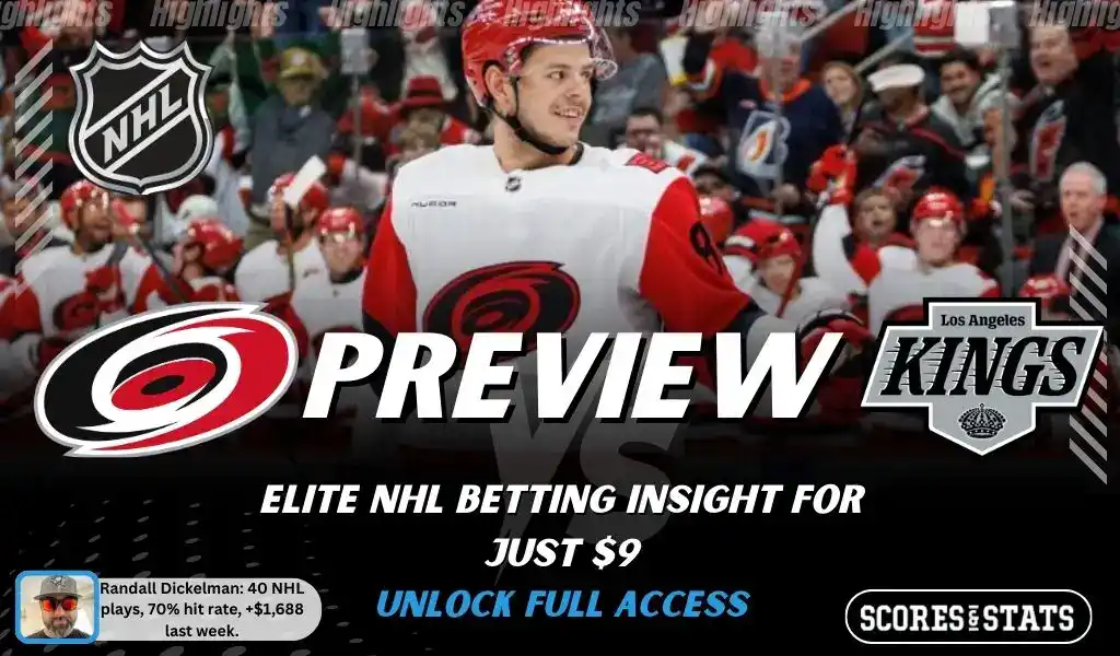 Carolina Hurricanes vs Los Angeles Kings preview graphic with both team logos, “Picks and Predictions” label, and Carolina Hurricanes hockey action background (February 1, 2026).