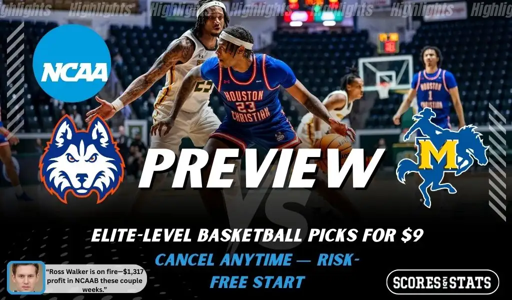 Houston Christian Huskies vs. McNeese State Cowboys game preview graphic featuring both team logos, a Houston Christian basketball action background, and a ScoresAndStats “Preview” stats badge (February 9, 2026).