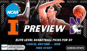 Illinois Fighting Illini vs Northwestern Wildcats preview graphic with both team logos, “Picks and Predictions” label, and Illinois basketball action background (February 4, 2026).
