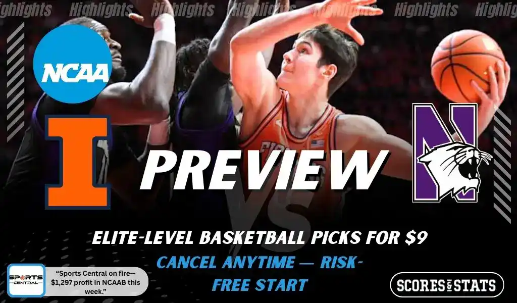 Illinois Fighting Illini vs Northwestern Wildcats preview graphic with both team logos, “Picks and Predictions” label, and Illinois basketball action background (February 4, 2026).