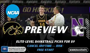 Iowa Hawkeyes vs Northwestern Wildcats picks and predictions preview graphic for February 8, 2026, featuring both team logos, a “Preview” stats label, and Iowa Hawkeyes basketball action in the background.
