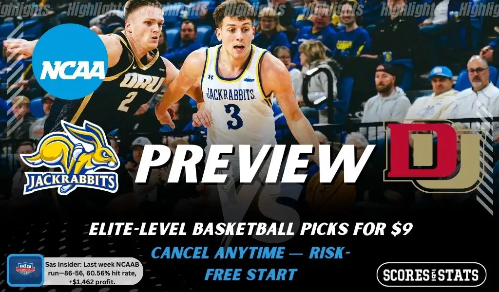 South Dakota State Jackrabbits vs. Denver Pioneers game preview graphic featuring both team logos, a South Dakota State basketball action background, and a ScoresAndStats “Preview” stats badge (February 12, 2026).