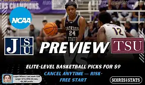 NCAAB picks and predictions preview graphic for Jackson State Tigers vs Texas Southern Tigers featuring both team logos, a matchup-themed background image, and the ScoresandStats logo.