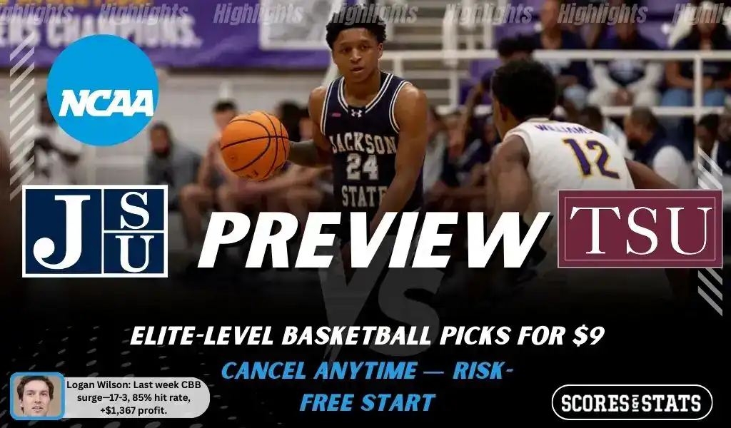 NCAAB picks and predictions preview graphic for Jackson State Tigers vs Texas Southern Tigers featuring both team logos, a matchup-themed background image, and the ScoresandStats logo.