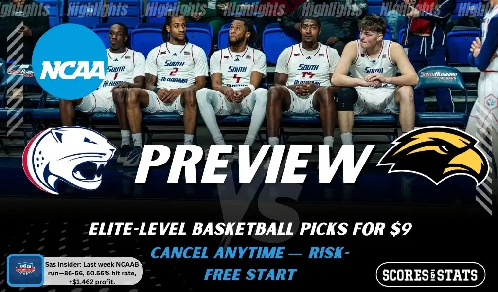 South Alabama Jaguars vs. Southern Miss Golden Eagles game preview graphic featuring both team logos, a South Alabama basketball action background, and a ScoresAndStats “Preview” stats badge (February 12, 2026).