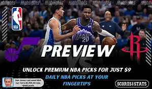 NBA preview graphic for Utah Jazz vs Houston Rockets with both team logos, a matchup-themed background image, and the ScoresandStats logo.