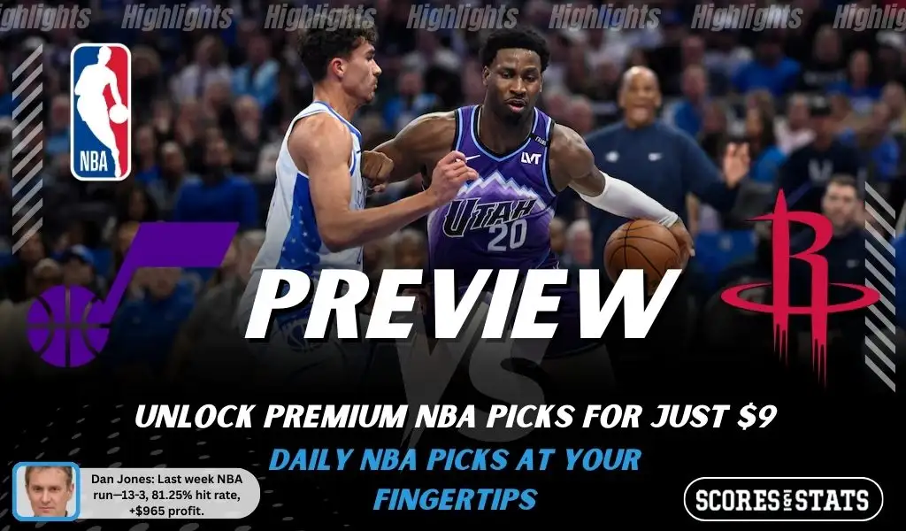 NBA preview graphic for Utah Jazz vs Houston Rockets with both team logos, a matchup-themed background image, and the ScoresandStats logo.