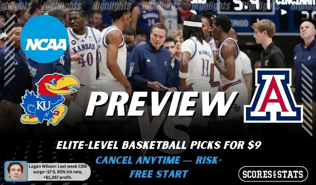 NCAAB picks and predictions preview graphic for Kansas Jayhawks vs Arizona Wildcats featuring both team logos, a matchup-themed background image, and the ScoresandStats logo.