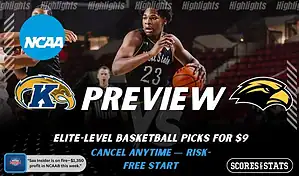 Kent State Golden Flashes vs Southern Miss Golden Eagles picks and predictions preview graphic for February 7, 2026, featuring both team logos, a “Preview” stats label, and Kent State basketball action in the background.