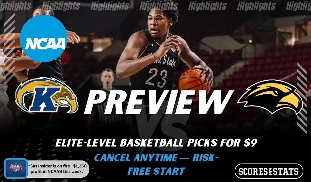 Kent State Golden Flashes vs Southern Miss Golden Eagles picks and predictions preview graphic for February 7, 2026, featuring both team logos, a “Preview” stats label, and Kent State basketball action in the background.