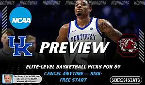 NCAAB preview graphic for Kentucky Wildcats vs South Carolina Gamecocks with both team logos, a matchup-themed background image, and the ScoresandStats logo.