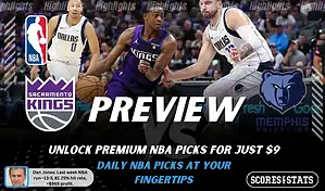 NBA preview graphic for Sacramento Kings vs Memphis Grizzlies with both team logos, a matchup-themed background image, and the ScoresandStats logo.