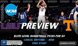 LSU Tigers vs Tennessee Volunteers game preview image with both team logos, ScoresAndStats “Preview” branding, and LSU basketball action background.