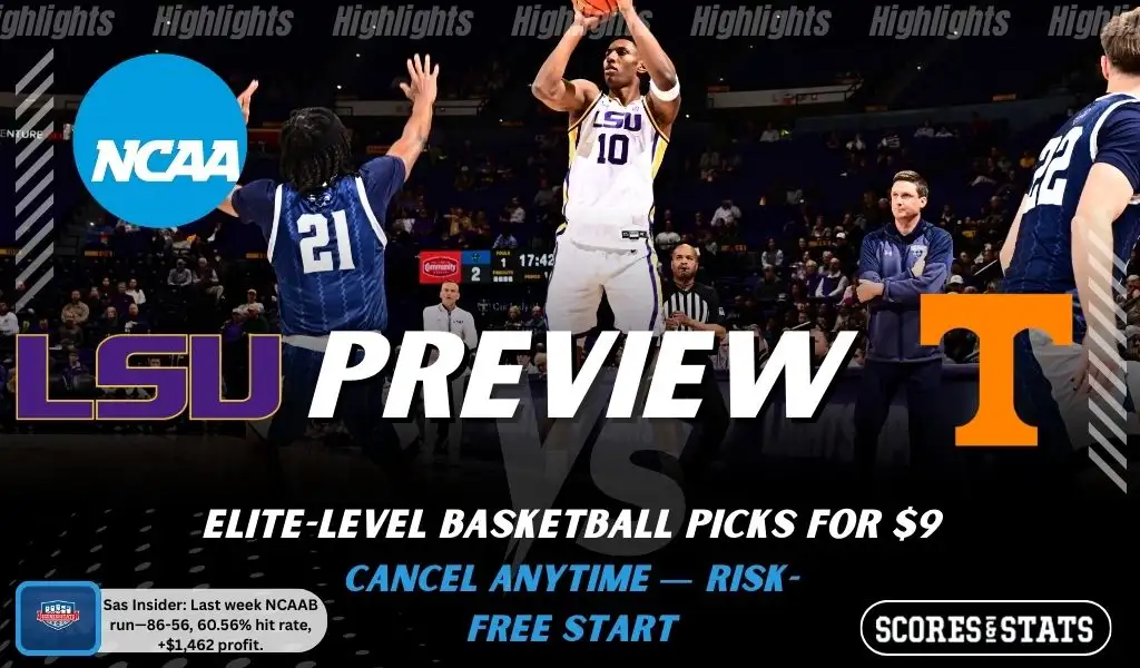 LSU Tigers vs Tennessee Volunteers game preview image with both team logos, ScoresAndStats “Preview” branding, and LSU basketball action background.