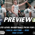 Mercyhurst Lakers vs. Le Moyne Dolphins game preview graphic featuring both team logos, a “Preview” stats logo, and a Mercyhurst Lakers college basketball action photo in the background.