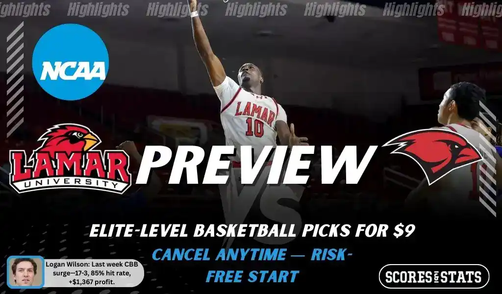 NCAAB picks and predictions preview graphic for Lamar Cardinals vs Incarnate Word Cardinals featuring both team logos, a matchup-themed background image, and the ScoresandStats logo.