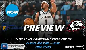 California Baptist Lancers vs. Southern Utah Thunderbirds game preview graphic featuring both team logos, a California Baptist basketball action background, and a ScoresAndStats “Preview” stats badge (February 12, 2026).
