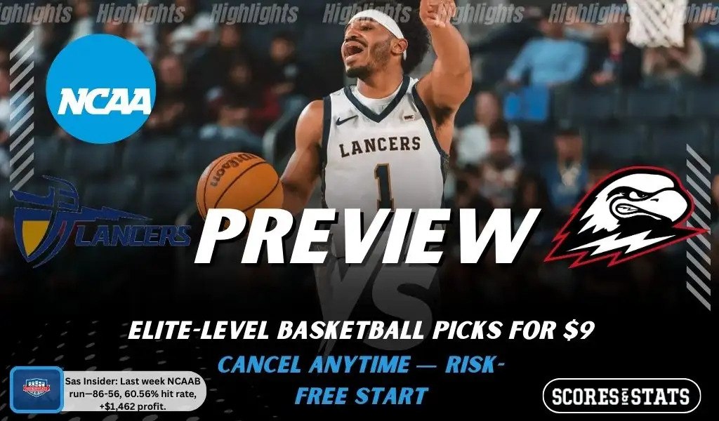 California Baptist Lancers vs. Southern Utah Thunderbirds game preview graphic featuring both team logos, a California Baptist basketball action background, and a ScoresAndStats “Preview” stats badge (February 12, 2026).