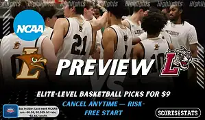 NCAAB preview graphic for Lehigh Mountain Hawks vs Lafayette Leopards with both team logos, a matchup-themed background image, and the ScoresandStats logo.